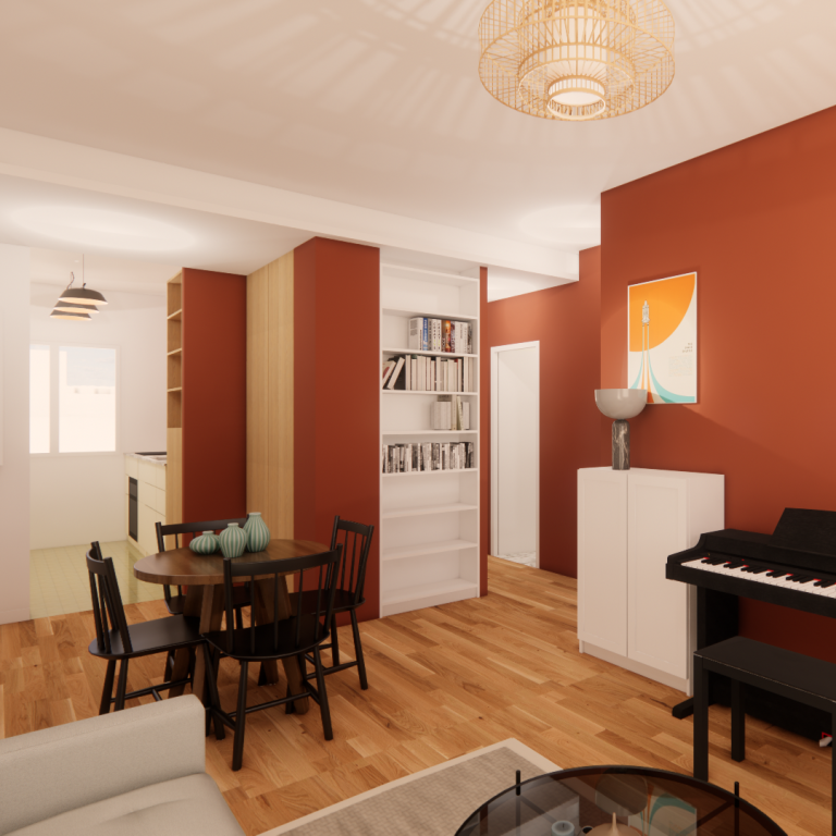 Intérieur moderne avec murs rouille, mobilier minimaliste et piano dans un salon lumineux.