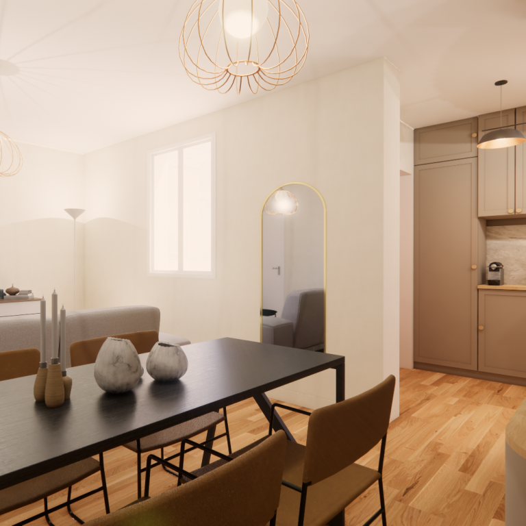 Intérieur moderne lumineux avec une table à manger, des chaises et une cuisine.