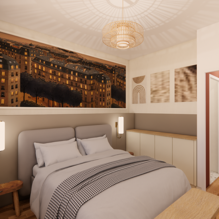 Chambre moderne avec lit élégant, décoration murale stylisée et lumière douce.