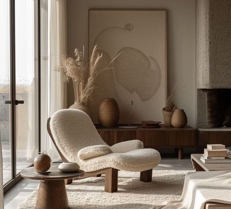Un salon moderne avec un fauteuil beige, des plantes sèches et des éléments en bois.