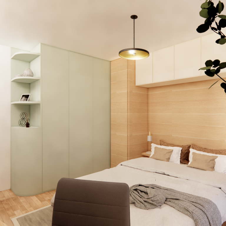 Chambre moderne avec lit double, murs en bois clair et rangement vert pâle.
