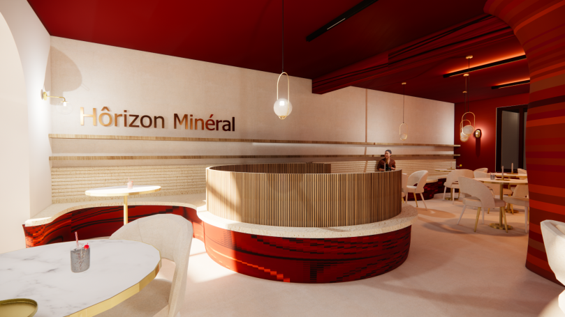 Intérieur moderne d'un restaurant avec des couleurs chaudes et un éclairage élégant.