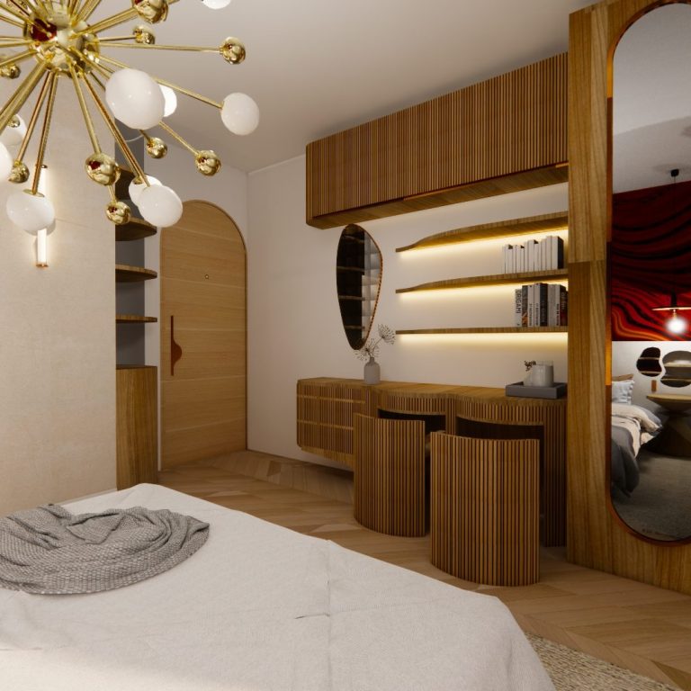 Chambre moderne avec meubles en bois, miroir et éclairage chaleureux.