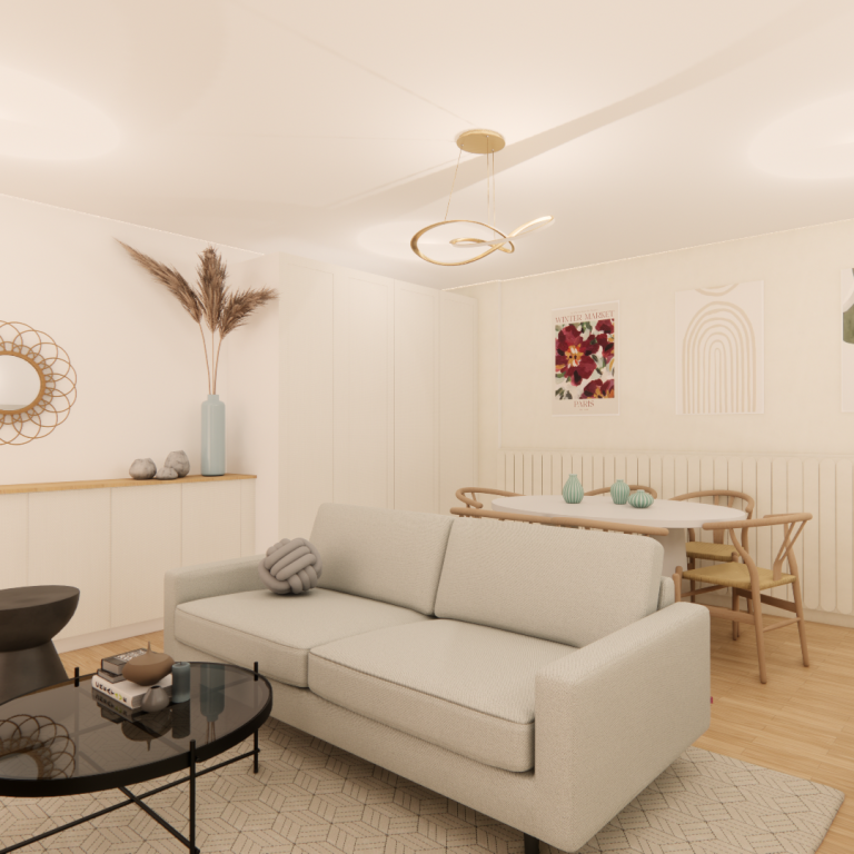 Salon moderne avec canapé beige, table à manger et murs clairs, décor minimaliste.