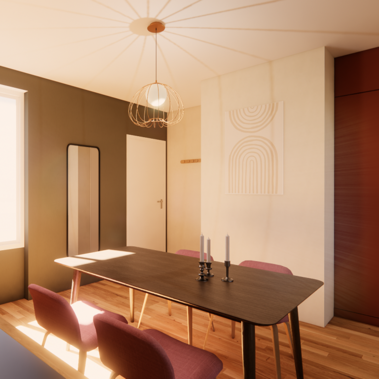 Salle à manger moderne avec une table, des chaises roses et une lumière suspendue.