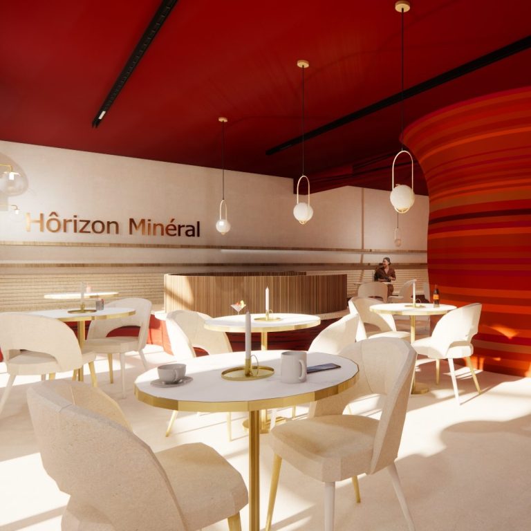 Intérieur moderne d'un café avec des tables rondes et un décor aux couleurs chaudes.
