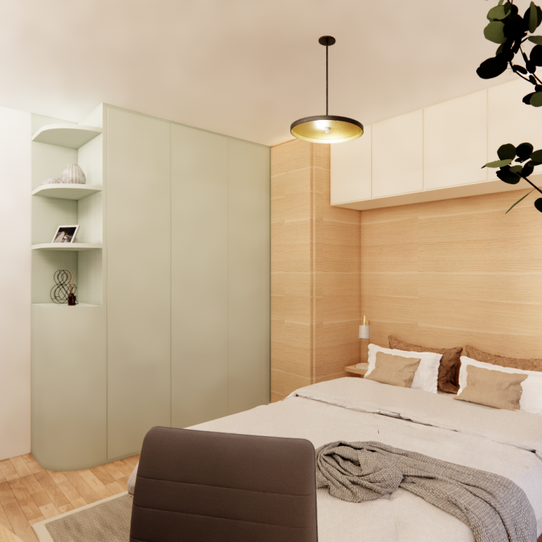 Chambre minimaliste avec lit, murs en bois et rangement vert pâle. Plafonnier modern.