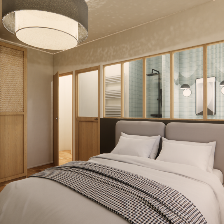 Chambre moderne avec lit double, murs clairs, et lumière douce. Décor en bois et touches élégantes.
