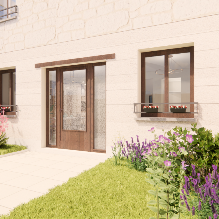 Entrée d'une maison avec des fenêtres et des fleurs dans le jardin.